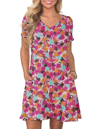 Moodclo Women Casual Summer Dresses Vibrant Bloom X-Large Short Sleeve Loose Tshirt Beach Sundress V Neck Swing Dress with Pockets 2026 Trendy - Image 1