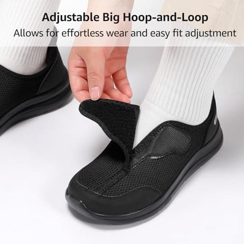 STQ Wide Toe Box Shoes Women Walking Shoe, Hook and Loops Orthopedic Shoes with Arch Support for Seniors, Bunions, Plantar Fasciitis, Hammertoes, Swollen Feet, All Black Size 9 - Thumbnail 6