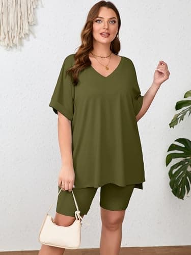 AusLook Women's Plus size 2 Piece Short Outfits Set Short Sleeve Tops and Shorts Pants Army Green 2X Casual Comfy Soft Ladies Short Sleepwear Lounge Pajama Matching Set - Thumbnail 4