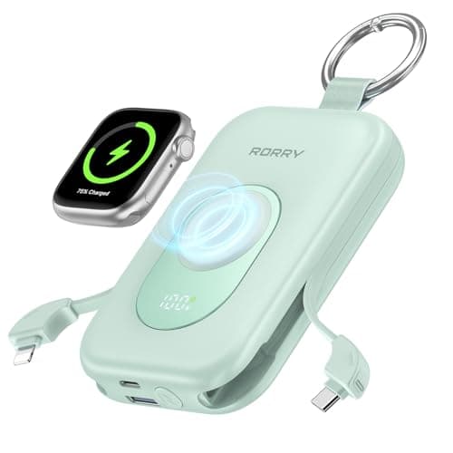 RORRY Portable Charger, 20000mAh PD 30W Portable Charger Power Bank with 2 Built-in Cables, Super Fast Charging Battery Pack with Keychain, Travel Essentials for iPhone, Apple Watch, iPad, Green - Image 1