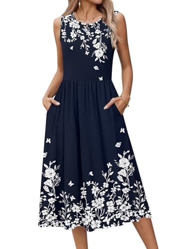 HOTOUCH Womens Casual Sleeveless Dress Floral A-Line Midi Tunic Dress Summer Loose Aline Tank Shift Dresses Tropical Beach Vacation Sundress - Thumbnail 2