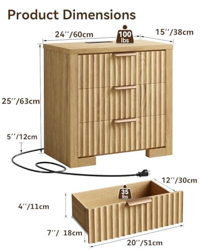 HOTALLOY Fluted Nightstand Set of 2, 24'' Wide Side Table with Charging Station, Modern Night Stand with Metal Handle, Wooden Bedside End Table for Bedroom, Living Room, Office, Natural Oak - Thumbnail 3