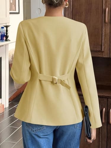 Cicy Bell Womens Business Casual Fitted Blazers Collarless Split Hem Work Office Button Down Suit Jackets Yellow - Thumbnail 5