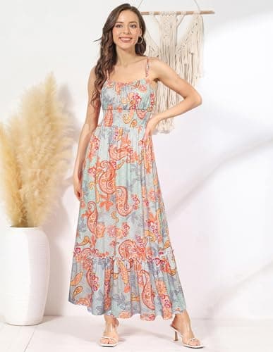 GRACE KARIN Summer Dresses for Women 2026 Vacation,Smocked Floral Maxi Dresses,Boho Beach Long Sundress BluePaisley Floral XL - Thumbnail 3
