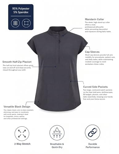 VECARDI Women's Scrub Top Zip Front Stretch Short Sleeve Nurse Uniform Shirt with Pockets Badge Loop Grey - Thumbnail 5