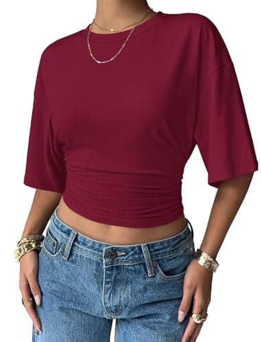 Sampeel Shirts for Women Trendy Loose Fit Business Casual Summer Tops Elegant Ladies Blouses Work Office Tshirts Shirts Soft Lightweight Slim Fit Crop Top Burgundy L - Image 1