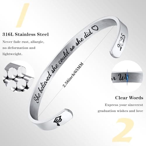 Hisatan Graduation Teacher Appreciation Mother Gifts for Women, Inspirational Mom Bracelet Gifts Silver Cuff Bangle Womens Bracelet, Stainless Steel Zirconia Jewelry Class of 2026 for Her - Thumbnail 5