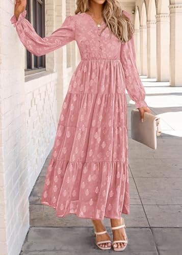 KIRUNDO Spring Wedding Guest Dresses for Women 2026 Maxi Floral Long Sleeve Elegant Ruffle Tiered Flowy Party Long Dress(Pink, Medium) - Thumbnail 3