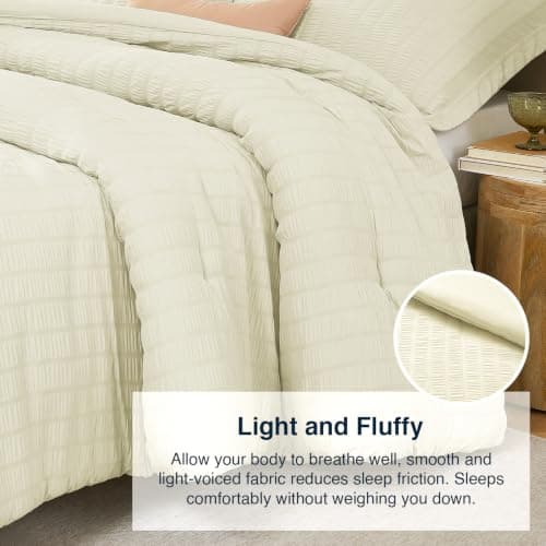 Quataly Queen Comforter Set Cream,3PCS Seersucker Lightweight Bedding Comforter for All Season, Queen Size(90''×90'' Comforter & 2 Pillowcases) - Thumbnail 5