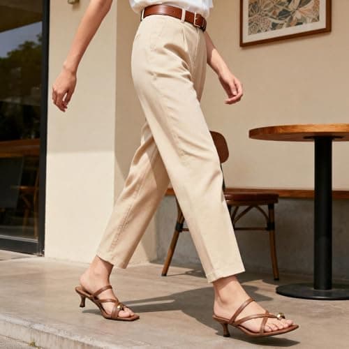 Athlefit Strappy Kitten Heels for Women Square Open Toe Flip Flop Low Heels Comfortable Slip On Brown Heeled Sandals for Summer Dressy Size 6 - Thumbnail 3