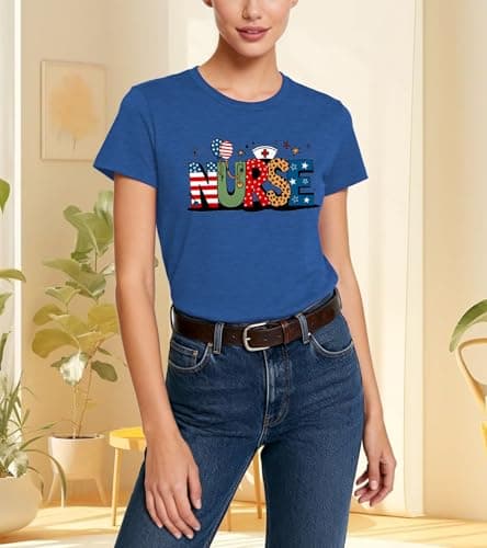 HARESEN 4th of July Nurse Shirt - Patriotic Nurse Shirts American Flag T-Shirt Nurses Inspirational Tee - Thumbnail 4