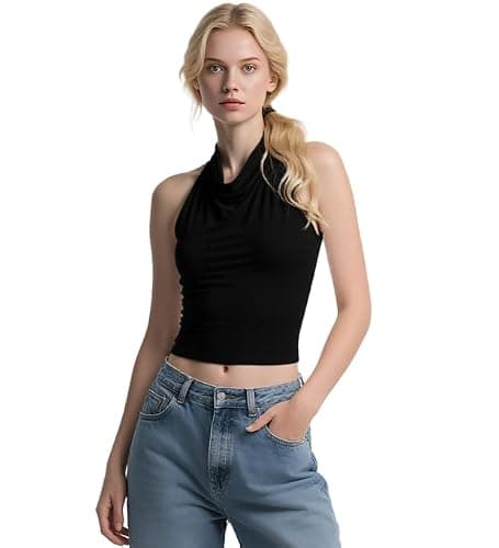 Women Halter Tank Tops Backless Sexy Cowl Neck Summer Going Out Y2K Tops Sleeveless Double Line Camisole Top Shirts(Black,Large)