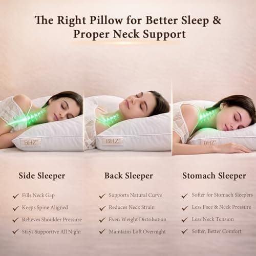 BHZ Goose Down Feather Pillows Queen Size Set of 2, Hotel Collection Bed Pillows for Sleeping Medium Firm Soft Support Pillow for Side and Back Sleepers - Thumbnail 5