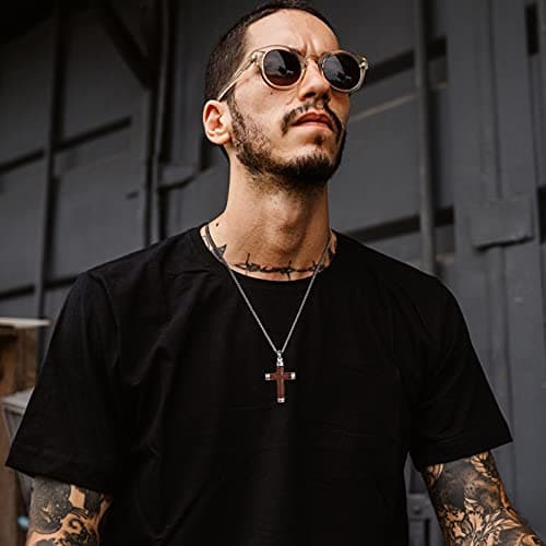 Wooden Cross Necklace for Men-Hawaiian Real Handmade Ebony Wood Cross Pendant Necklace Stainless Steel Chain, Mens Brown Cross Necklaces Koa Wood Jewelry Christian Baptism Crucifix Pendant for Men - Thumbnail 3