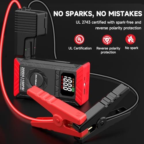SEAMOUNT 2000A Jump Starter with Air Compressor Combo, Portable Car Battery Booster Pack for 6L Gas / 3L Diesel, 150PSI Tire Inflator, LED Emergency Light, Complete Roadside Kit - Thumbnail 5