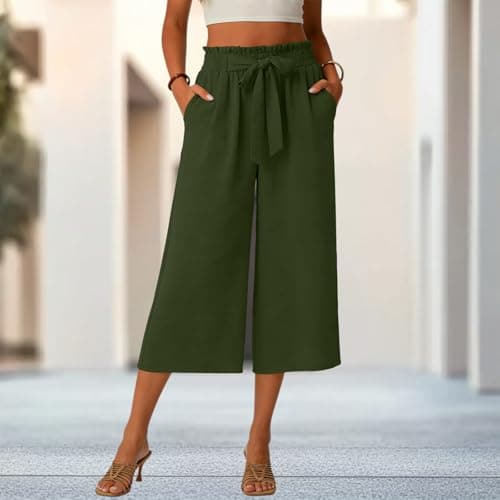 Gaucho Pants for Women, Wide Leg High Waisted Cotton Women's Palazzo Capri Pants with Pockets and Drawstring, Lightweight Breathbale Casual Summer Womens Culottes Army Green S - Thumbnail 2