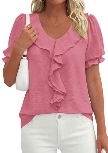 PRETTYGARDEN Women's Summer Dressy Casual Blouses 2026 Short Sleeve V Neck Ruffle Business Work Tops Trendy Spring Outfits (Dark Pink,Medium) - Thumbnail 5