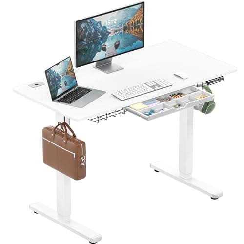 SHW 48-Inch Electric Height Adjustable Standing Desk with Drawer, Memory Preset and Cable Management Tray, White - Image 1