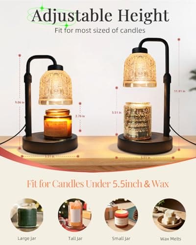 AIFEI Candle Warmer Lamp with Timer, Dimmable Adjustable Height Candle Lamp, Birthday Gifts for Women Mom Sister Friends, Candle Warmer Gifts New Home Decor, Candle Lamp Warmer with 2 Bulbs - Black - Thumbnail 5