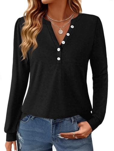 GKBK Women's Puff Long Sleeve Tunic V Neck Button Blouses Fall Tops Trendy Dressy Casual Business Henley Shirts Black XXL