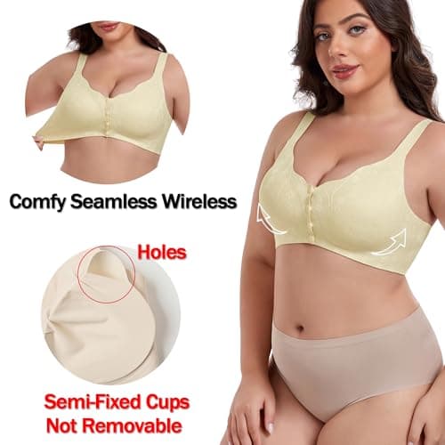 IWOLLENCE Women's Front Closure Bras No Underwire Seamless Wireless Lace Bralettes Seniors Full Coverage Anti Saggy Breast Tshirt Everyday Daisy Bra Beige, L - Thumbnail 3