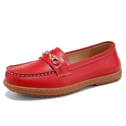BEAUSEEN Women's Buckles Penny Loafer with Dressy Comfortable Slip-on Flat Shoes for Office Work Walking Red,10.5 US - Thumbnail 3