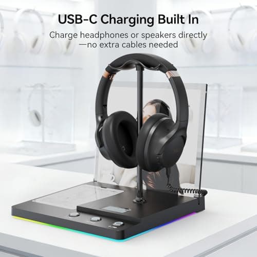1Mii Bluetooth Headphone Stand for Audio/Music Demo, RGB Lighting, TF/USB/AUX Inputs, Dual Headset Display with USB-C Charging Port, Acrylic Sign Holder for Store, Retail, Trade Show & Exhibition - Thumbnail 6