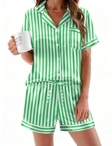Ekouaer Womens Silk Satin Pajamas Sets 2 Piece Short Sleeve Sleepwear Button Down Top and Shorts Pjs Lounge Wear Sets,Green Striped,XXL - Image 1