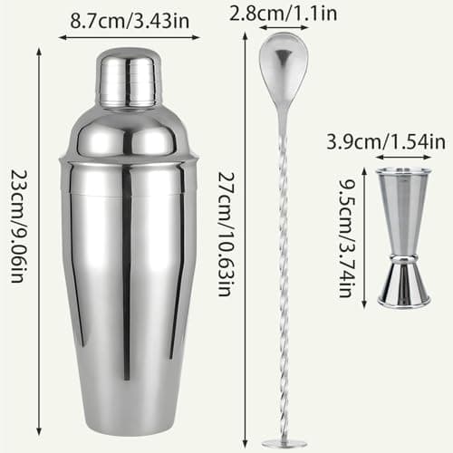 Cocktail Shaker, 24 oz Martini Shaker, Drink Shaker Built-in Strainer, Professional Drink Mixer Set for Beginners, with Measuring Cup and Stirring Spoon, Silver - Thumbnail 2