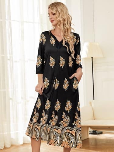 PITINAN Mumu Dresses for Women Cotton House Dress for Women Robes Long Zipper Front House Coat Womens Long Sleeve Nightgowns Black Paisley XL - Thumbnail 4
