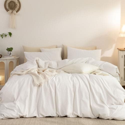 ELIMMO California King Duvet Cover - 3 Piece 100% Washed Cotton Linen Feel Bedding Set, All Season Durable Breathable Comfy Minimalist, Off White 104" X 98" - Image 1