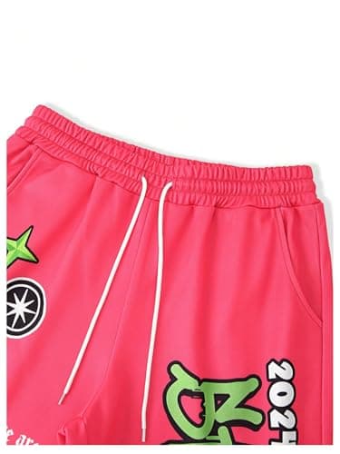 VIPWOLF Men's Wide Leg Sweatpants Baggy Flared Sweatpants Y2K Letter Graphic Drawstring Waist Joggers Pants Streetwear Hot Pink X-Large - Thumbnail 5