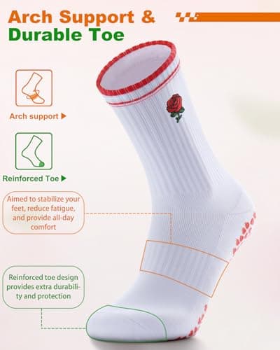 NSRRUN TURTLE Non-Slip Pilates Grip Socks for Women - Embroidery Crew Sock with Sticky Sole, Ideal for Yoga, Workout, & Barre, X-Large, 2 Pairs -Red Rose - Thumbnail 4