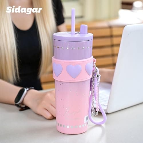 Sidagar 24 oz Stainless Steel Tumbler with Lid and Straw, Insulated Coffee Mug, Leak Proof, Portable Iced Travel Water Bottle, Reusable Thermal Coffee Cup Gift for Women, Purple - Thumbnail 4