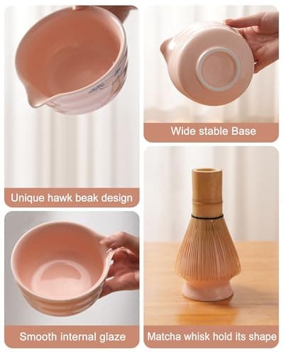 Matcha Whisk Set, Ceramic Matcha Set Includes Matcha Bowl, Matcha Whisk and Holder, Bamboo Scoop, Scoop Rest, Sifter and Tea Towel - 7 Pcs Matcha Kit(Pink) - Thumbnail 6