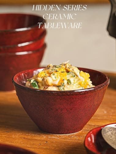 JINNTHE Ceramic Bowls Set of 4-11 OZ Small Bowl Set, Farmhouse Vintage Red Bowls 4.7 Inches Ramekins Bowl for Salad Dessert Yogurt Dipping Ice Cream Fruit Rice- Microwave Dishwasher Safe Retro Red - Thumbnail 2