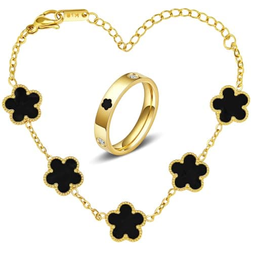 MHWTTY Gold Silver Butterfly Clover Bracelet Ring Set, Stainless Steel Cuff Bangle Jewelry Dainty Love Design for Women Wedding Birthday Gift (Black Clover, Ring Size 6) - Image 1