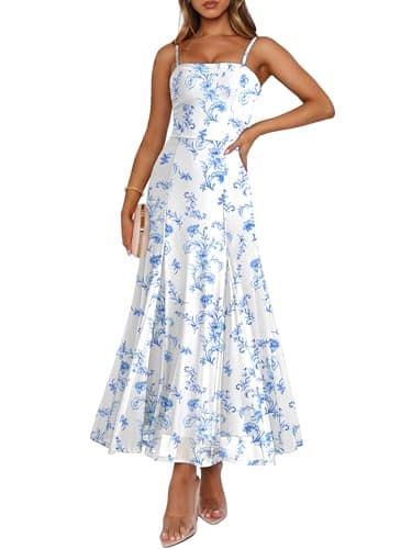 Caracilia Maxi Dresses for Women Formal Mesh Spaghetti Strap Cocktail Wedding Guest Party Floral Flowy Dress 2026 Summer White-Based Blue Flower X-Large - Image 1