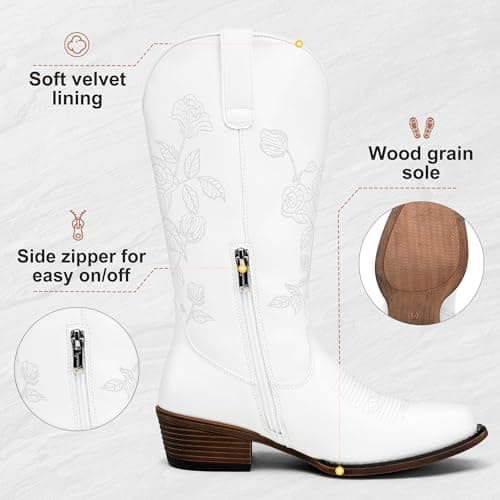 Jeossy Women's White Western Cowboy Boots Mid Calf Embroidery Flower Cowgirl Boots with Low Heel Side Zipper 9807 Comfy Round Toe Country Music Festival Music Rodeo, Size 10(DJY9807 White 10) - Thumbnail 5
