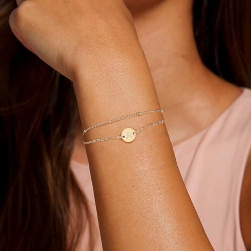 MONOZO Initial Bracelets for Women Jewelry Gifts - 18K-Gold-Plated Letter Initial Bracelet Dainty Disc Letter F Initial Bracelet for Her Gold Bracelets for Women Jewelry Gifts - Thumbnail 3