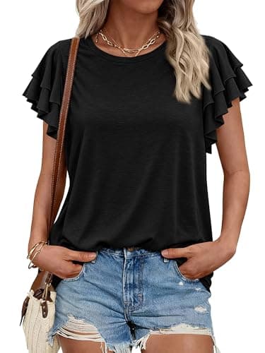 BTFBM Summer Tops for Women 2026 Crew Neck Ruffle Short Sleeve Shirts Loose Tunic Casual Spring Blouses(Black, Medium) - Image 1