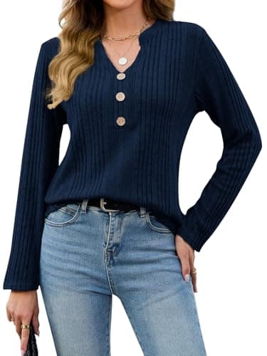 VUTRU Womens Tunic Pullover Sweater Long Sleeve V Neck Knit Henley Shirt Fall Clothes To Wear for Leggings, Navy Blue L - Image 1