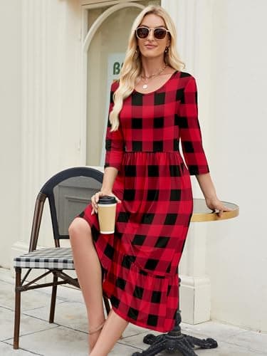 Heymoments Women Dress Crewneck 3/4 Sleeves Red Plaid Medium Wedding Guest A line Casual Flowy Swing Party Vintage Spring Fall Winter Beach Travel 2026 Long Midi Dresses with Pockets - Thumbnail 5