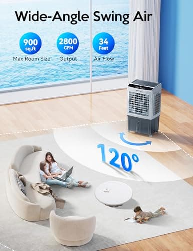 VAGKRI 35" Evaporative Air Cooler, 2800CFM Swamp Cooler, 120°Oscillation Air Cooler with Remote Control, 24H Timer, 3 Modes & Wind Speeds for Outdoor Indoor Use, 9.2Gallon - Thumbnail 2