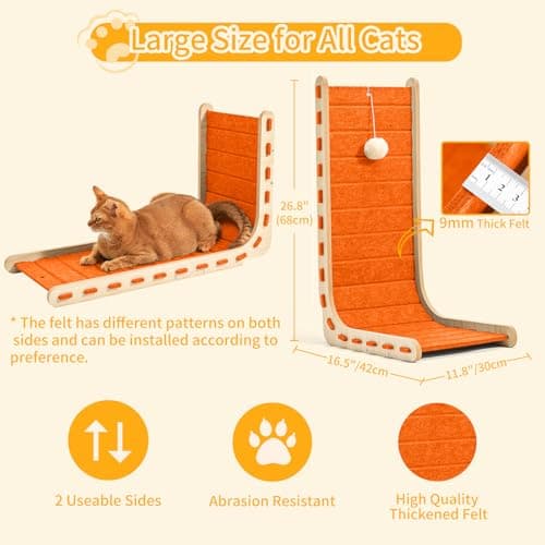 Nxwjoy Cat Scratch Pad Felt Cat Scratcher for Indoor Cats Scratching Board Scratchers for Large Cat Scratch Furniture Protector with Ball Kitten Toys L Shape 26.8 Inch Orange - Thumbnail 3