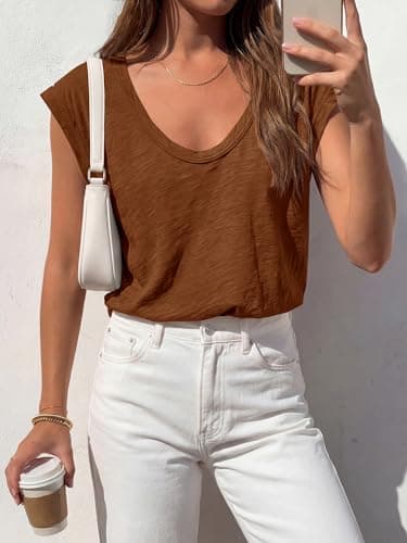BTFBM Womens Tops Going Out Casual Oversized Summer Basic Tees 2026 V Neck T Shirts Trendy Blouse(Light Brown,Medium) - Thumbnail 3