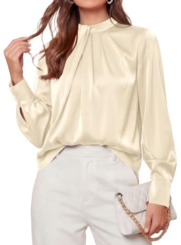 PRETTYGARDEN Women Satin Tops Mock Neck Long Sleeve Shirts,Beige,XXL
