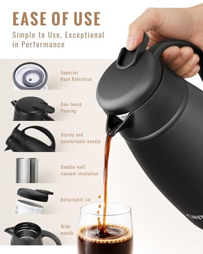 GiNT Insulated Coffee Carafe 34 Oz, Small Stainless Steel Flask for Hot Coffee with Fully Washable Detachable Lid, Portable Thermal Pitcher One-Hand Push Button Tea Dispenser for Travel Camping Office - Thumbnail 3