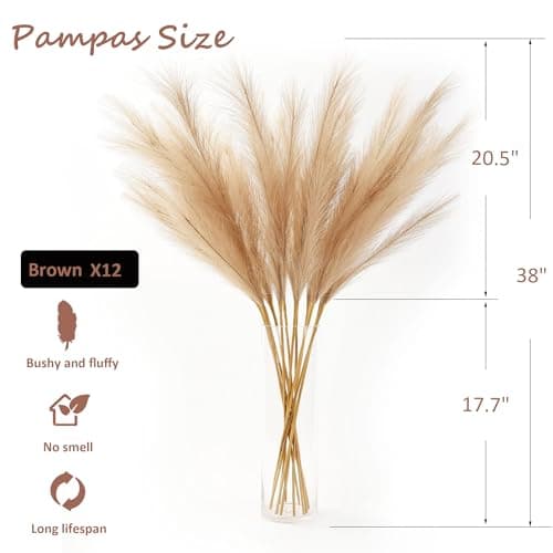Acfruits 12 PCS Beige Faux Pampas Grass 38"/3.1ft Tall Brown Artificial Pompous Grass Large Fake Pompas Branches Plants Floor Vase Filler for Flower Arrangement Home Decor - Thumbnail 2