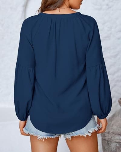 BTFBM Blouses for Women Dressy Casual Floral Summer Boho Tops V Neck Lightweight Long Sleeve Shirts Spring Clothes 2026(Blue, X-Large) - Thumbnail 3